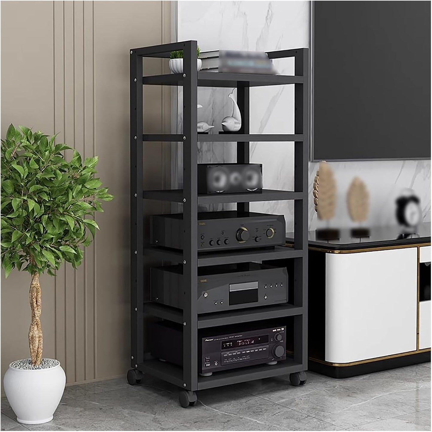 6 Tier AV Media Stand Audio/Video Rack Tower, Open CD Record Player Console Rack/Stereo Stand/Component Storage Cabinet, Freestanding Corner Gaming Shelves For Home Office Living Game Room(Black)