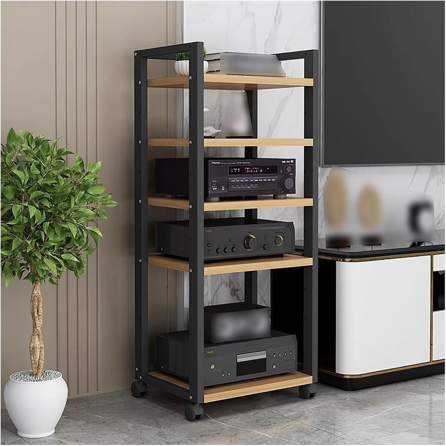 BYZOMU 120cm/47inch Tall 5 Tier Media Stand Audio/Video Component Cabinet, Stereo Component Rack Cabinet, AV Cabinet for Home Office Theater, Record Player/Turntable/Stereo Receiver Rack(Black)