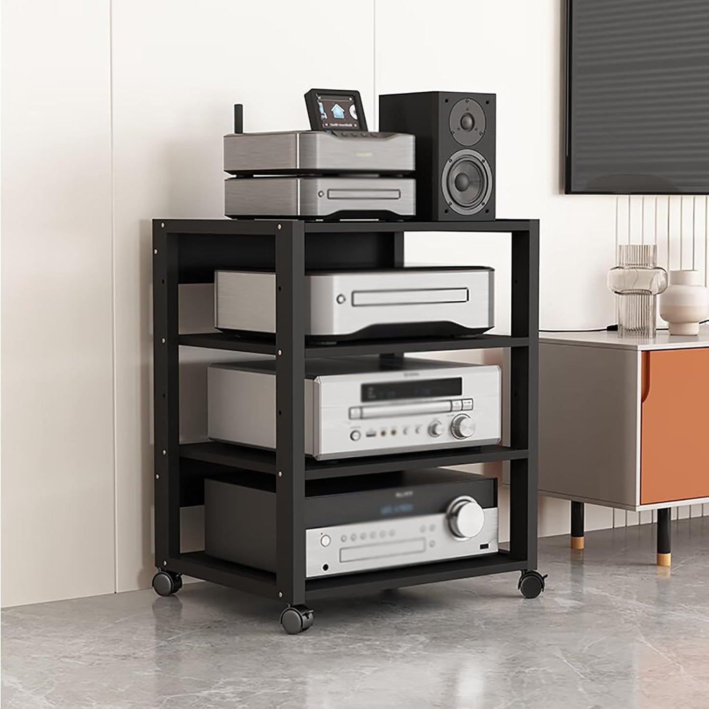 7 Tier Audio Rack Tower, CD Record Player Stereo Receiver AV Equipment Cabinet Display Rack, Weight capacity 661 lbs, with Adjustable Wooden Shelves for Home (TEAKWOOD, 7 TIER 55×19.7×15.7IN)