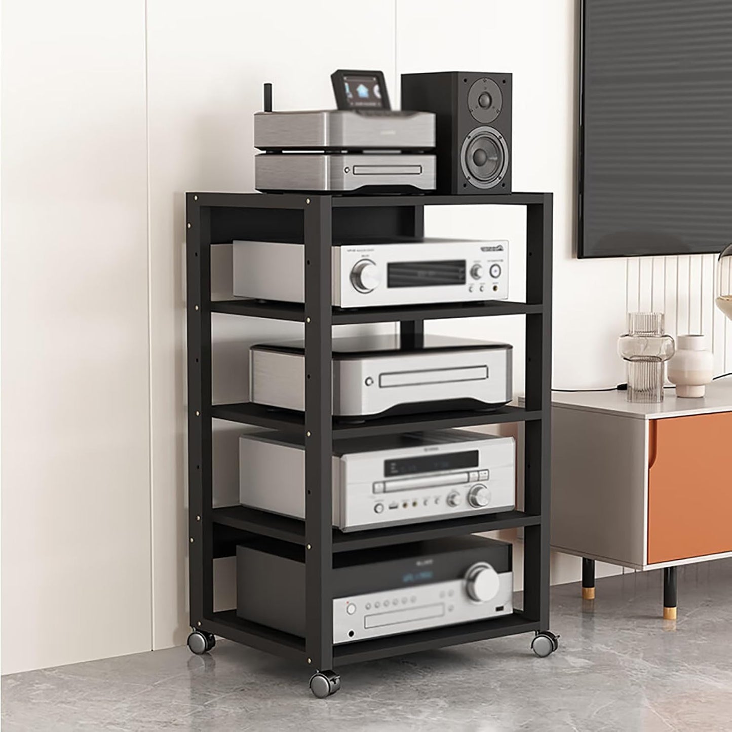 7 Tier Audio Rack Tower, CD Record Player Stereo Receiver AV Equipment Cabinet Display Rack, Weight capacity 661 lbs, with Adjustable Wooden Shelves for Home (TEAKWOOD, 7 TIER 55×19.7×15.7IN)