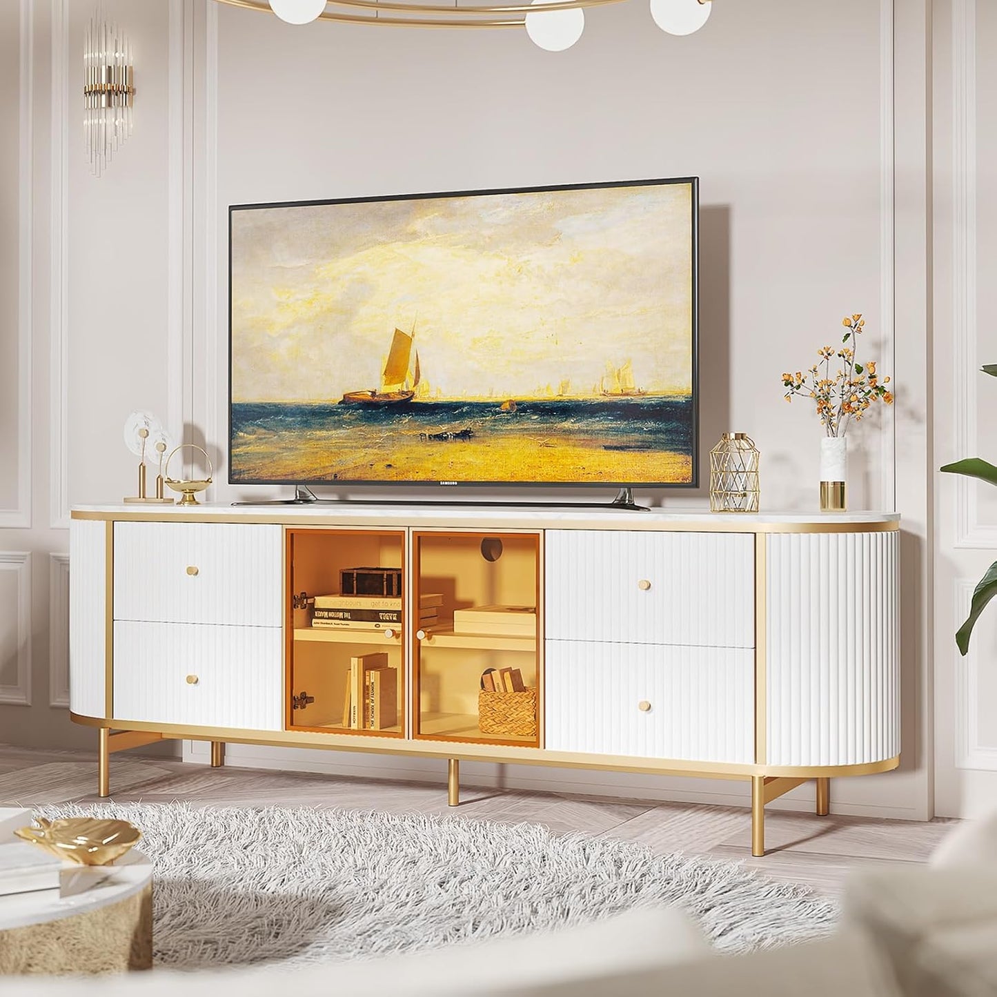 oneinmil 70" Modern TV Stands for for Living Room, Wood Entertainment Center with 4 Large Drawers, TV Console with Glass Door Storage Cabinet, TV Stand for TVs up to 75", White