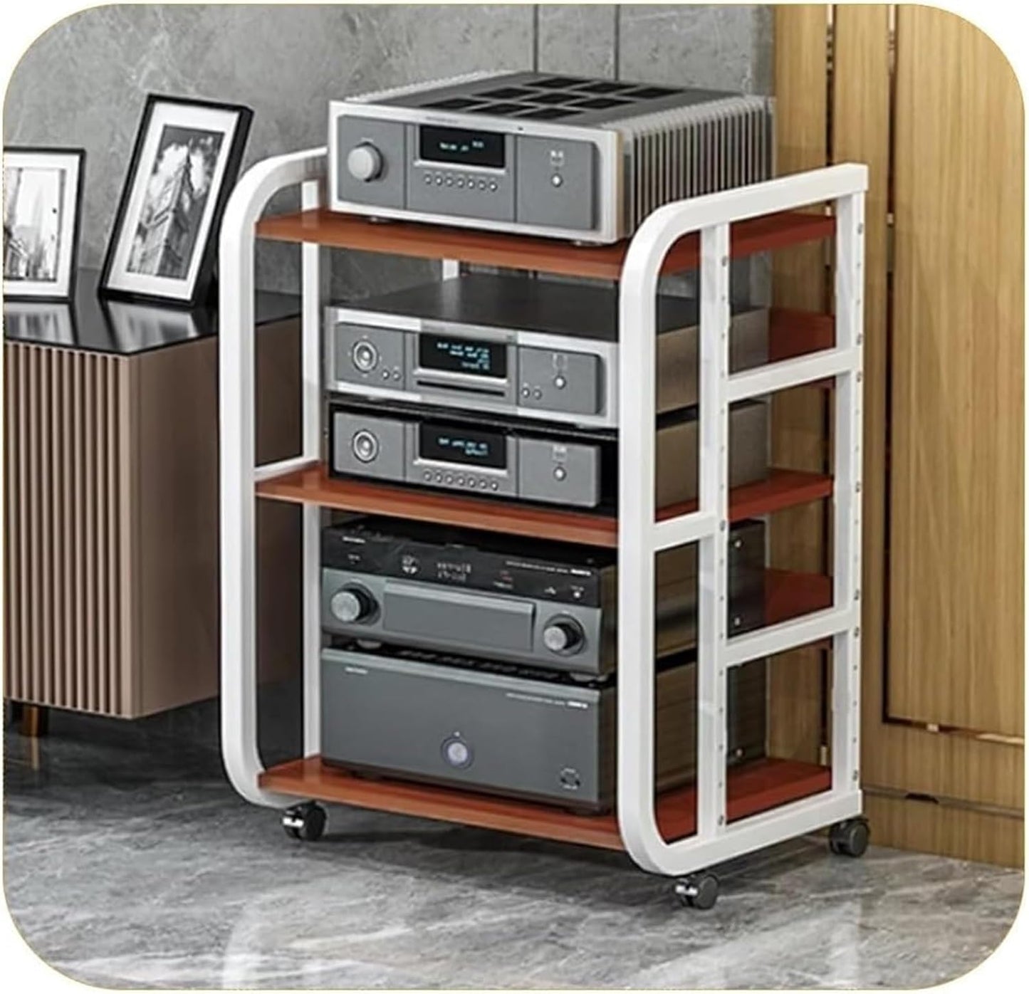AV Media Stand,Media Stand, AV Media Stand Corner Shelf Media Storage Cabinet, Audio Video Player Stand Cabinet Stereo Audio Rack with Height Adjustable(Black+Teak,3 Tier-high 69cm)