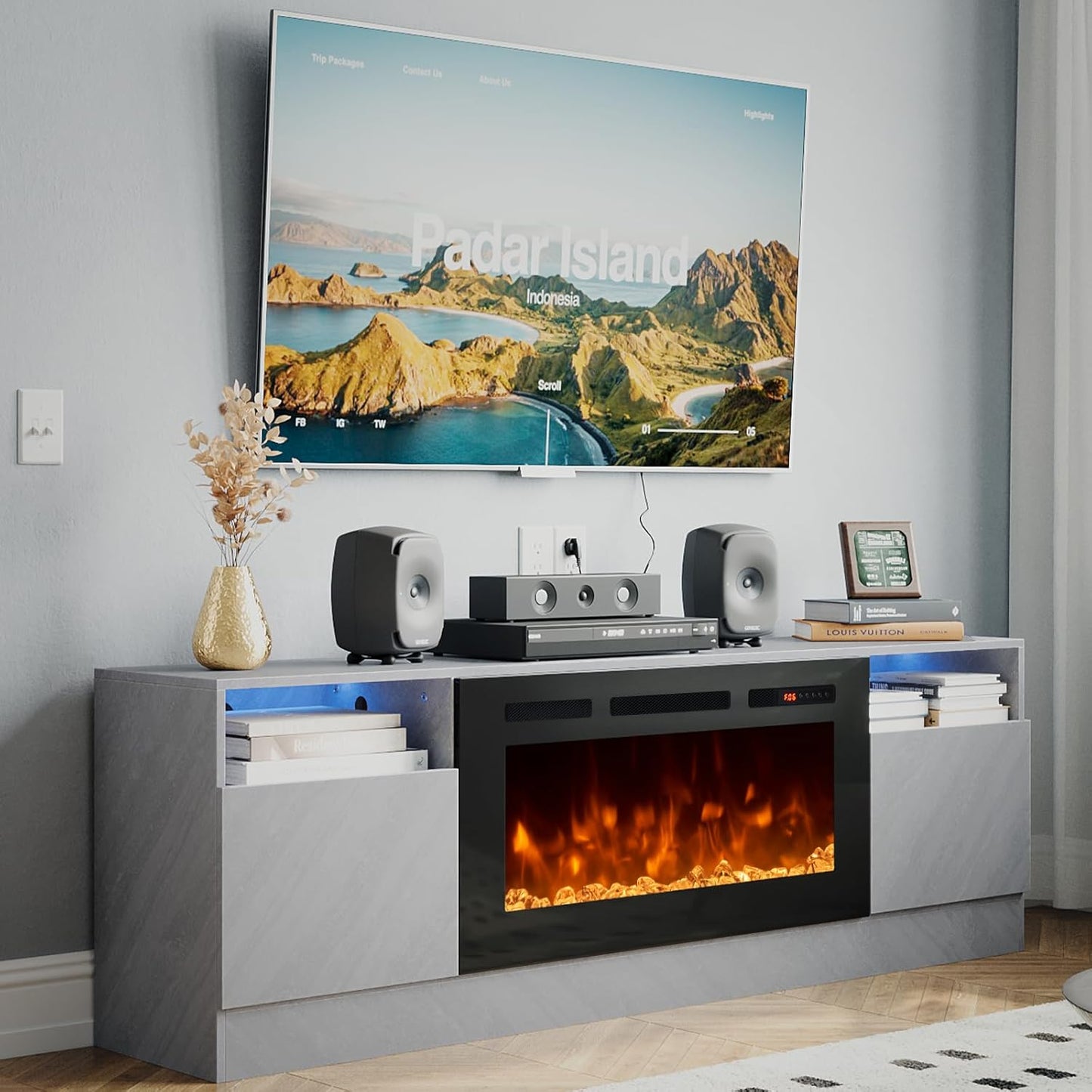 oneinmil Fireplace TV Stand with 36" Electric Fireplace, LED Light Entertainment Center, Modern Wood Texture Entertainment Stand with Highlight Storage Cabinet for TVs Up to 80", 70 inches, Black