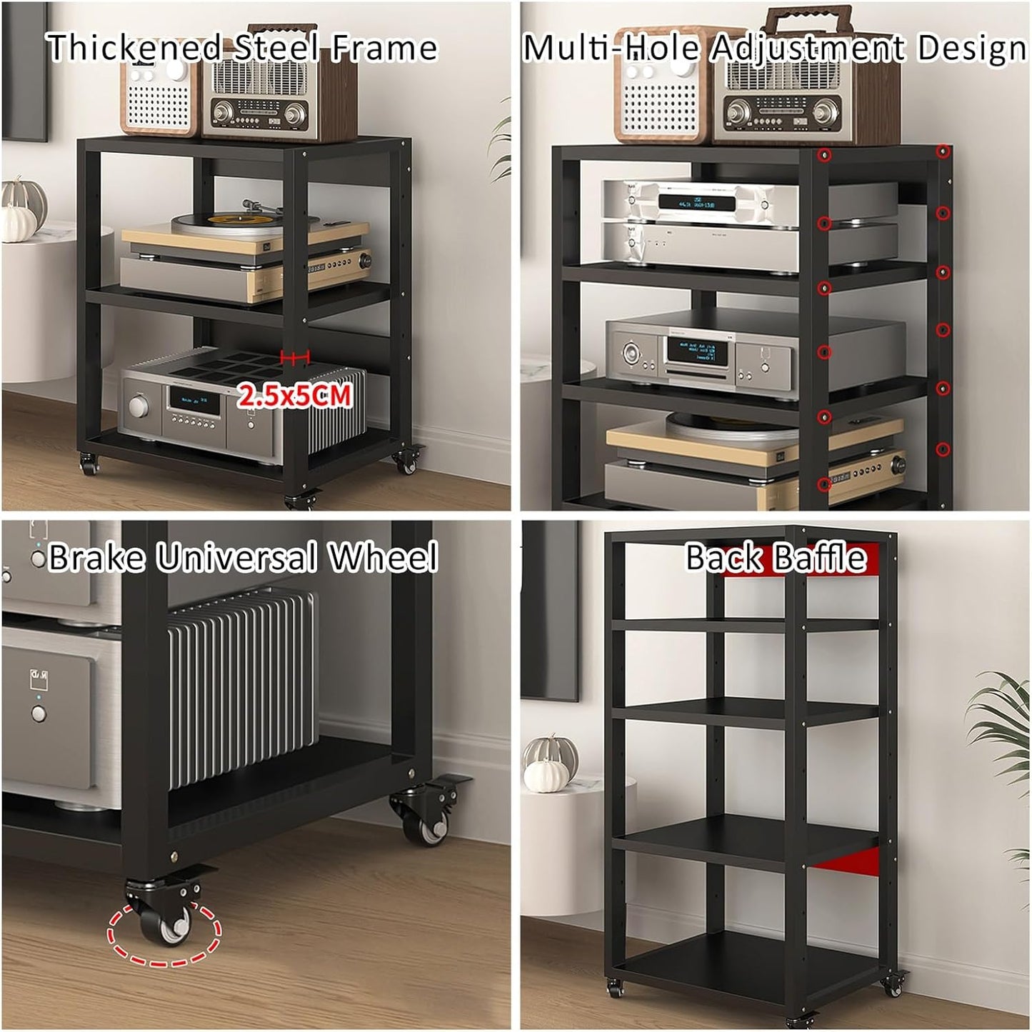 Stereo Stand Record Player Stand with Vinyl Storage Modern with Wheels Audio-Video Media Stand 5-Tier Shelves Audio Video Record Player Stand Cabinet Router DVD Shelf Corner TV Entertainment Center(55
