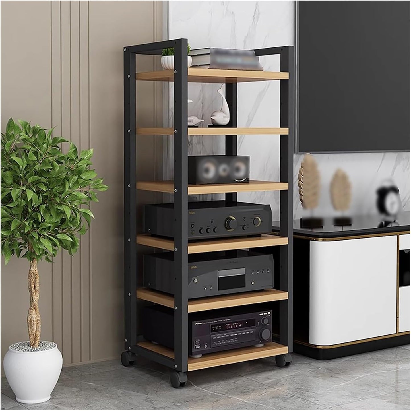 6 Tier AV Media Stand Audio/Video Rack Tower, Open CD Record Player Console Rack/Stereo Stand/Component Storage Cabinet, Freestanding Corner Gaming Shelves For Home Office Living Game Room(Black)