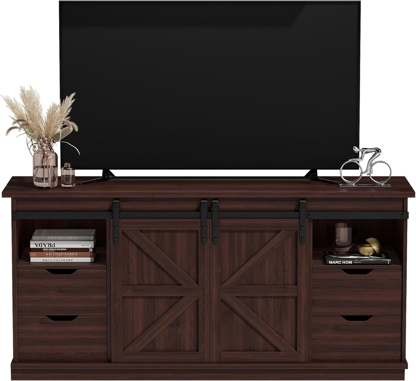 JUMMICO TV Stand with 4 Drawers for 65 Inch TV, Entertainment Center with Storage Cabinets and Sliding Barn Doors, Mid Century Modern Media TV Console Table for Living Room Bedroom (Bright White)