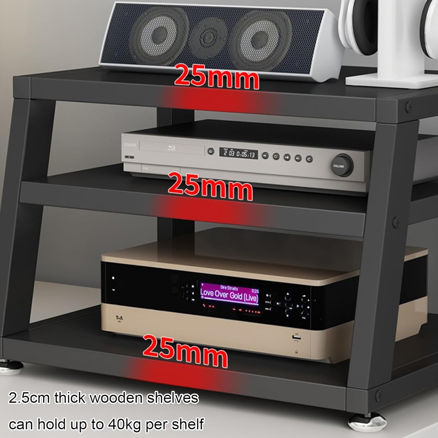 2/3/4-Tier AV Media Stand Desktop or Floor-Standing Audio Rack CD Player Stand Home Corner Stereo Equipments Components Cabinet Multi-Function Open Storage Shelf with Wooden Shelves(A-4 Tier,50cm(19.7