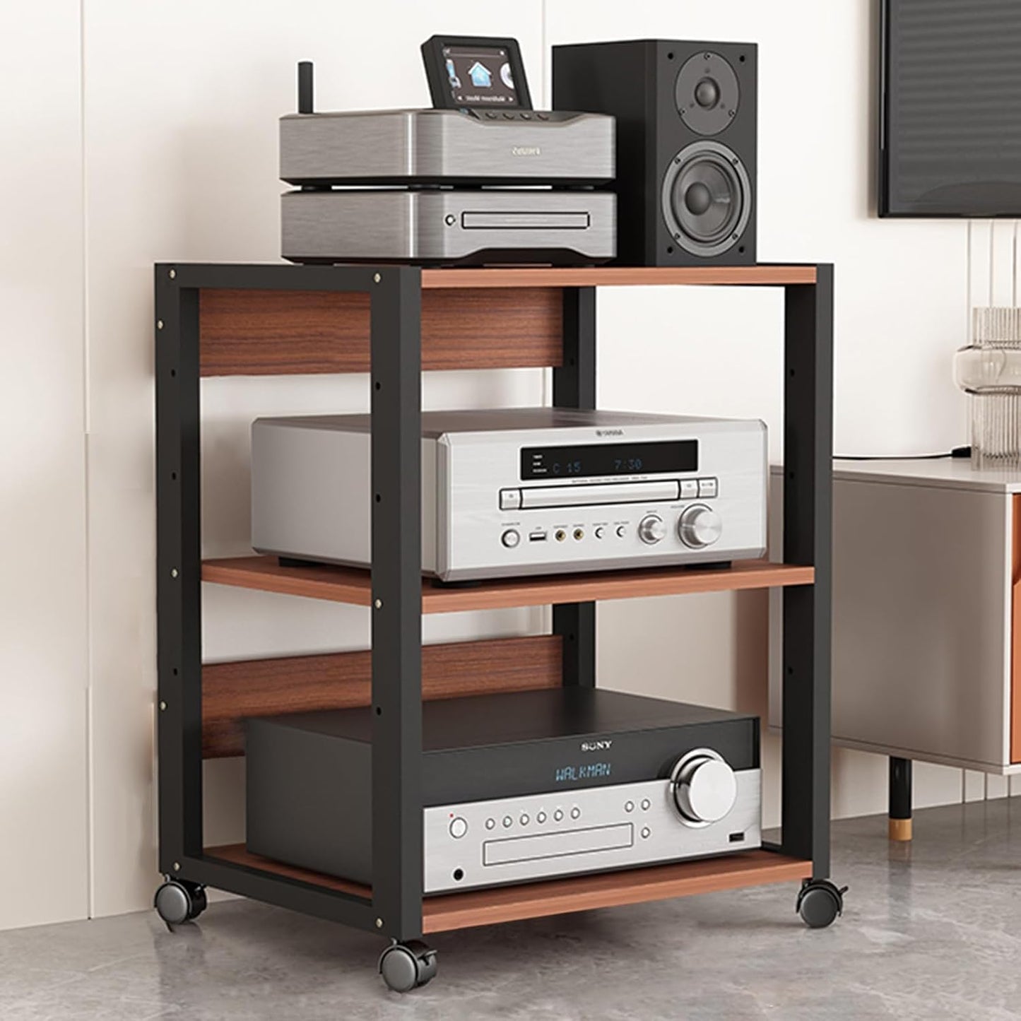 27in High Modern Record Player Stand, 4/3 Tier Mobile Audio AV Media Shelf Vertical Storage Cabinet for Office Home Classroom, Stereo Equipment Rack Adjustable(Light Wood,4 Tier)