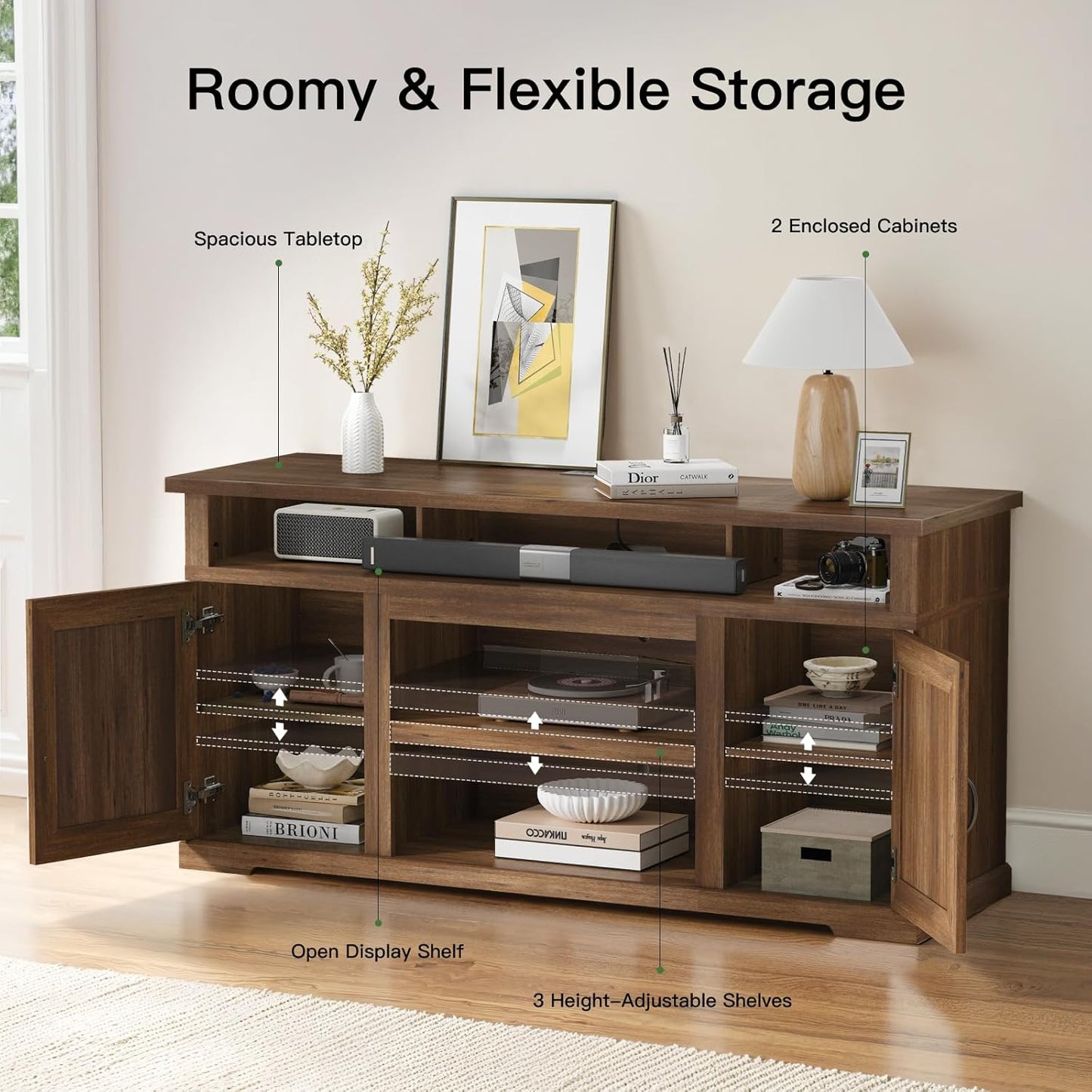 Marsail Modern Farmhouse TV Stand, Entertainment Center with Storage Cabinets, Adjustable Shelves and Power Outlets for Televisions up to 80 Inch, TV Console Table for Living Room, Brown