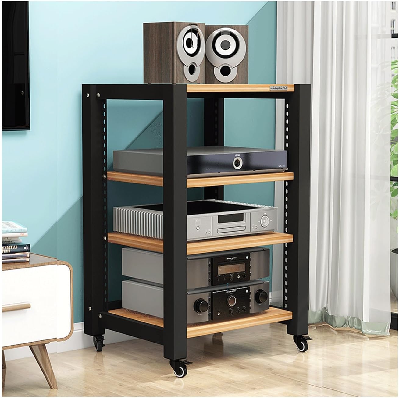 AV Media Stand with Wheels HiFi Stand Adjustable Media Storage Shelves Wooden Audio Rack Tower Stereo Cabinet for CD Player Video Game Console(Black,5 Tier)