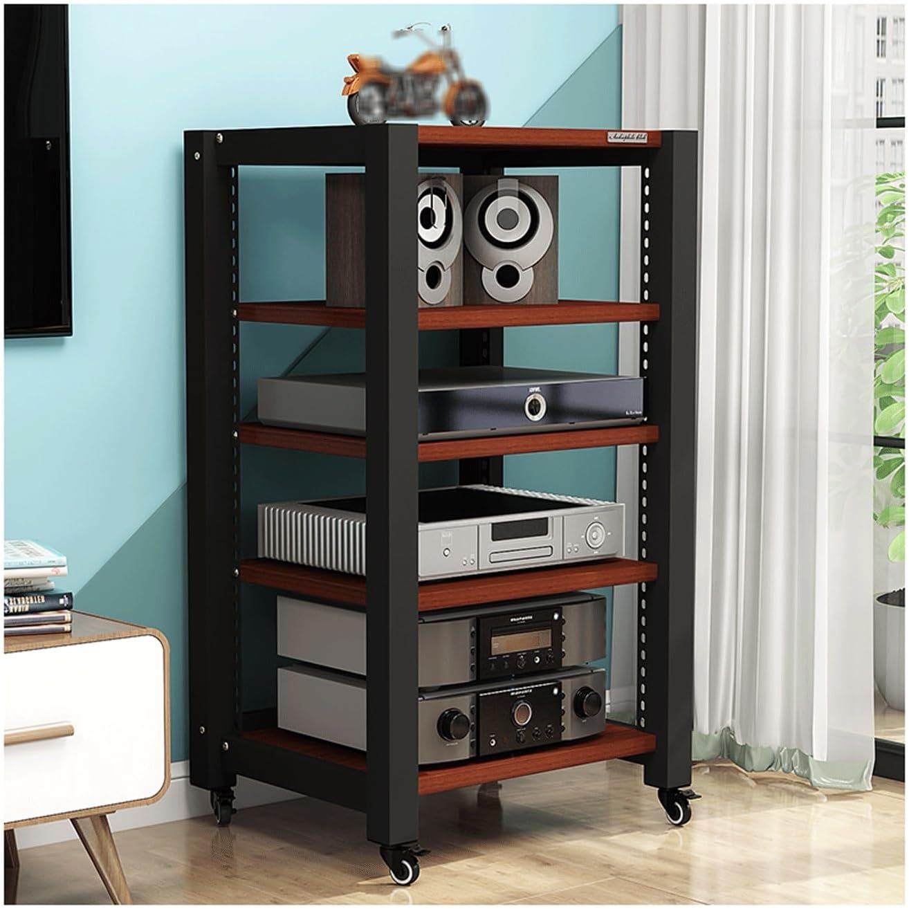 AV Media Stand with Wheels HiFi Stand Adjustable Media Storage Shelves Wooden Audio Rack Tower Stereo Cabinet for CD Player Video Game Console(Black,5 Tier)