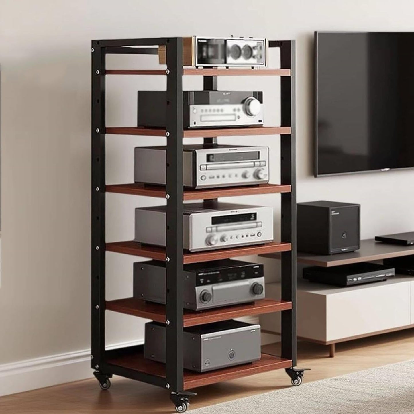 7 Tier Audio Rack Tower, CD Record Player Stereo Receiver AV Equipment Cabinet Display Rack, Weight capacity 661 lbs, with Adjustable Wooden Shelves for Home (TEAKWOOD, 7 TIER 55×19.7×15.7IN)