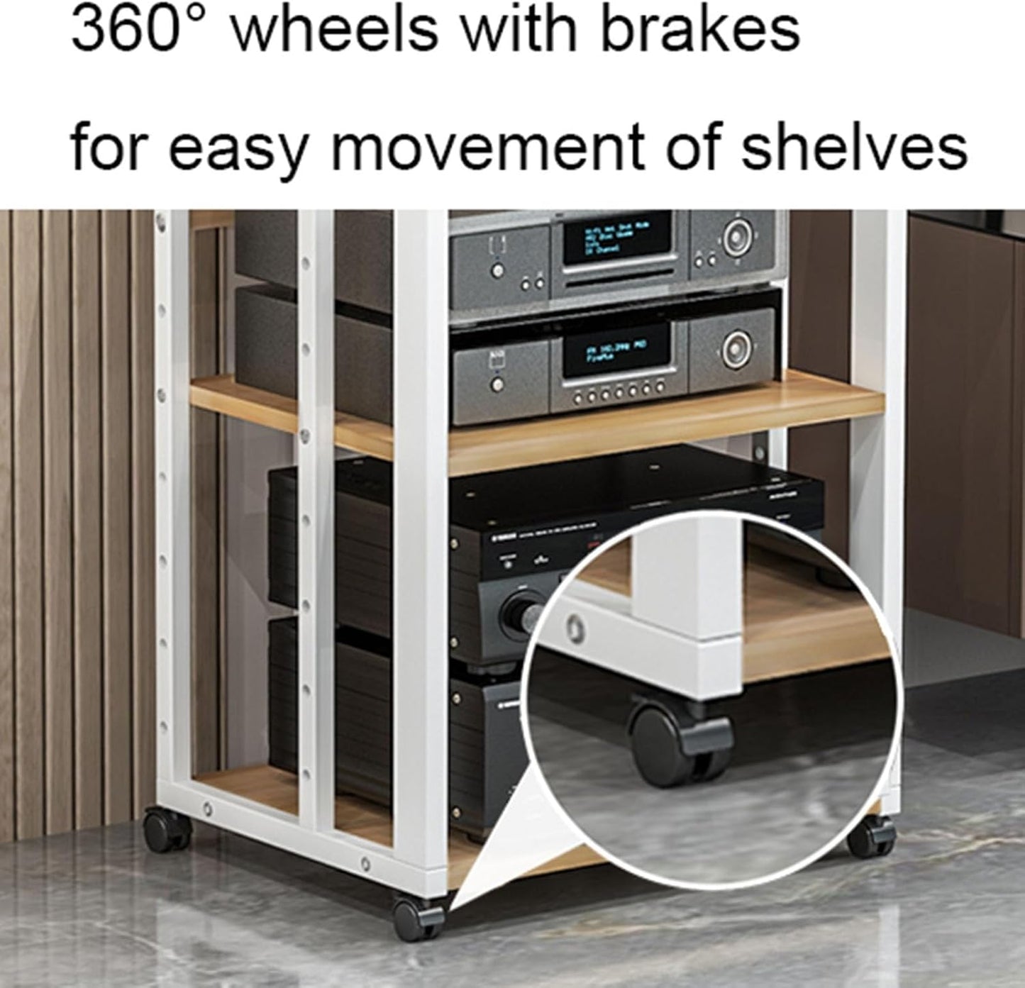 3-Tier Movable Media Stand Audio/Video Rack CD Player Stand Stereo Component Storage Cabinet with Height Adjustable Wooden Shelf for Home/Office/Theat(Black-One Size)