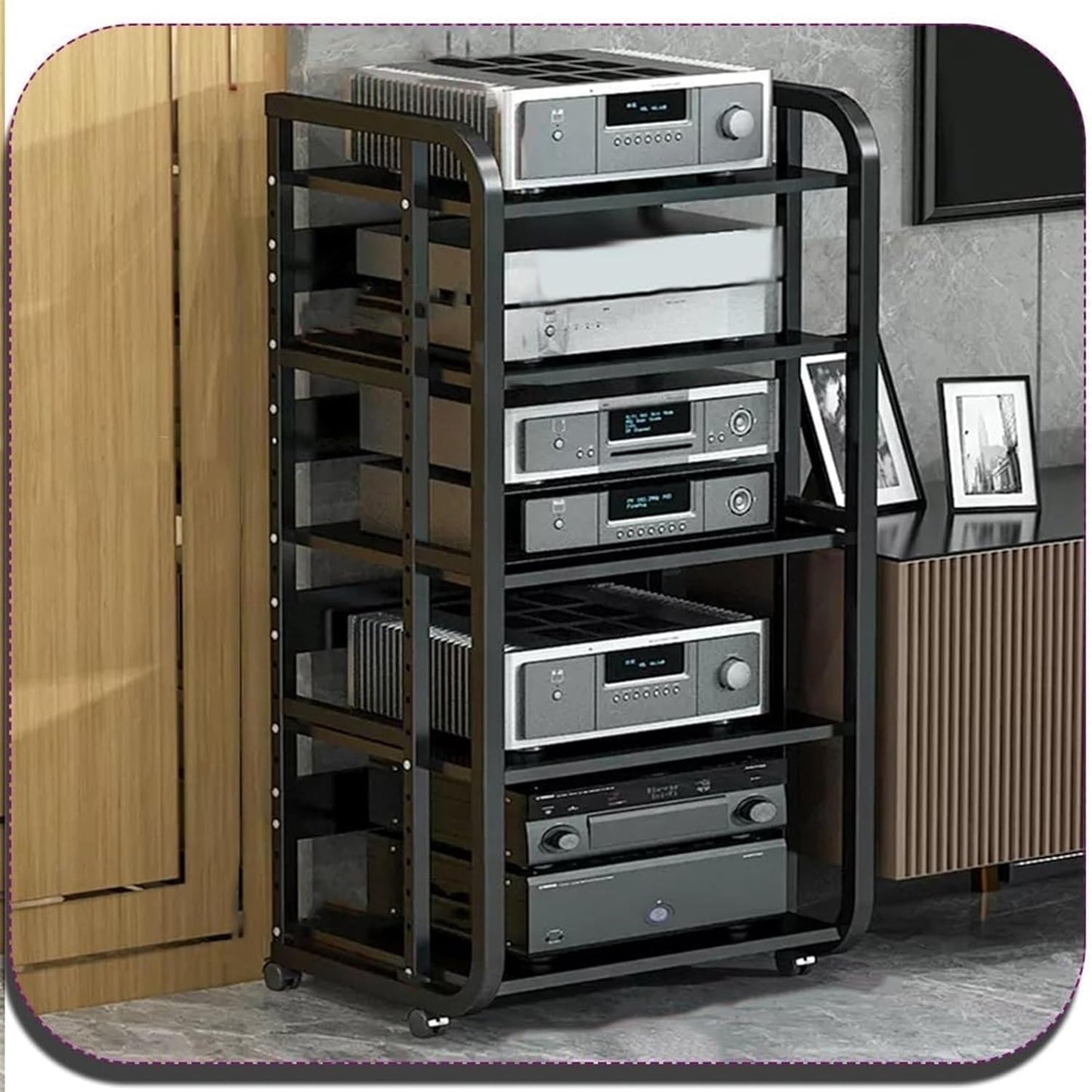 AV Media Stand,Media Stand, AV Media Stand Corner Shelf Media Storage Cabinet, Audio Video Player Stand Cabinet Stereo Audio Rack with Height Adjustable(Black+Teak,3 Tier-high 69cm)
