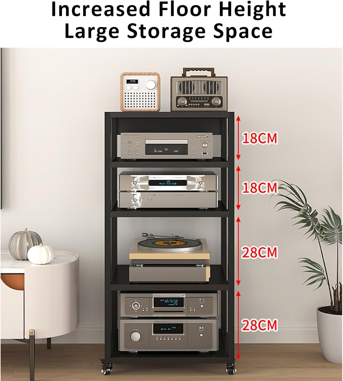 Stereo Stand Record Player Stand with Vinyl Storage Modern with Wheels Audio-Video Media Stand 5-Tier Shelves Audio Video Record Player Stand Cabinet Router DVD Shelf Corner TV Entertainment Center(55