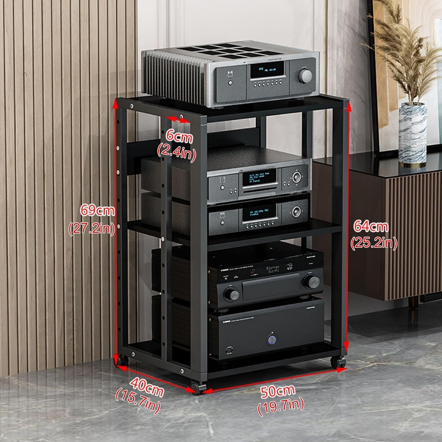 3-Tier Movable Media Stand Audio/Video Rack CD Player Stand Stereo Component Storage Cabinet with Height Adjustable Wooden Shelf for Home/Office/Theat(Black-One Size)