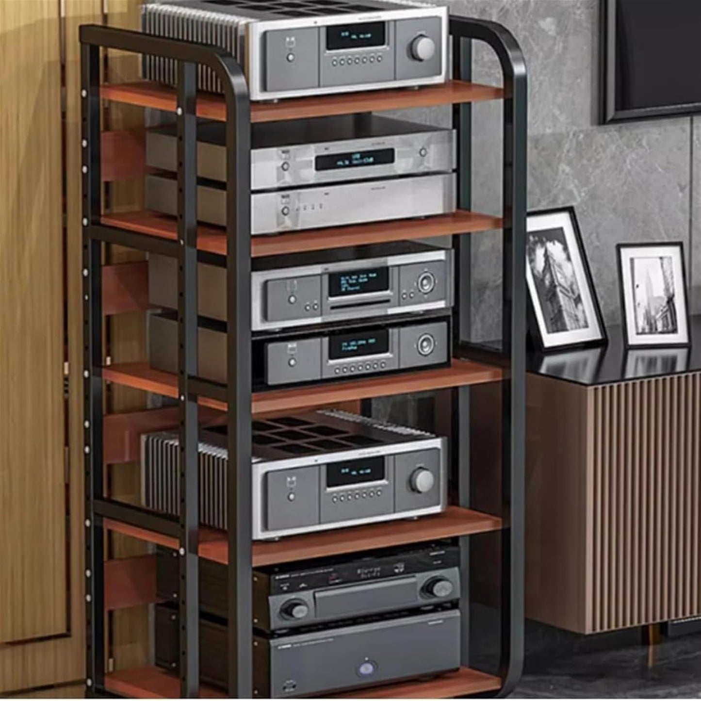 AV Media Stand,Media Stand, AV Media Stand Corner Shelf Media Storage Cabinet, Audio Video Player Stand Cabinet Stereo Audio Rack with Height Adjustable(Black+Teak,3 Tier-high 69cm)