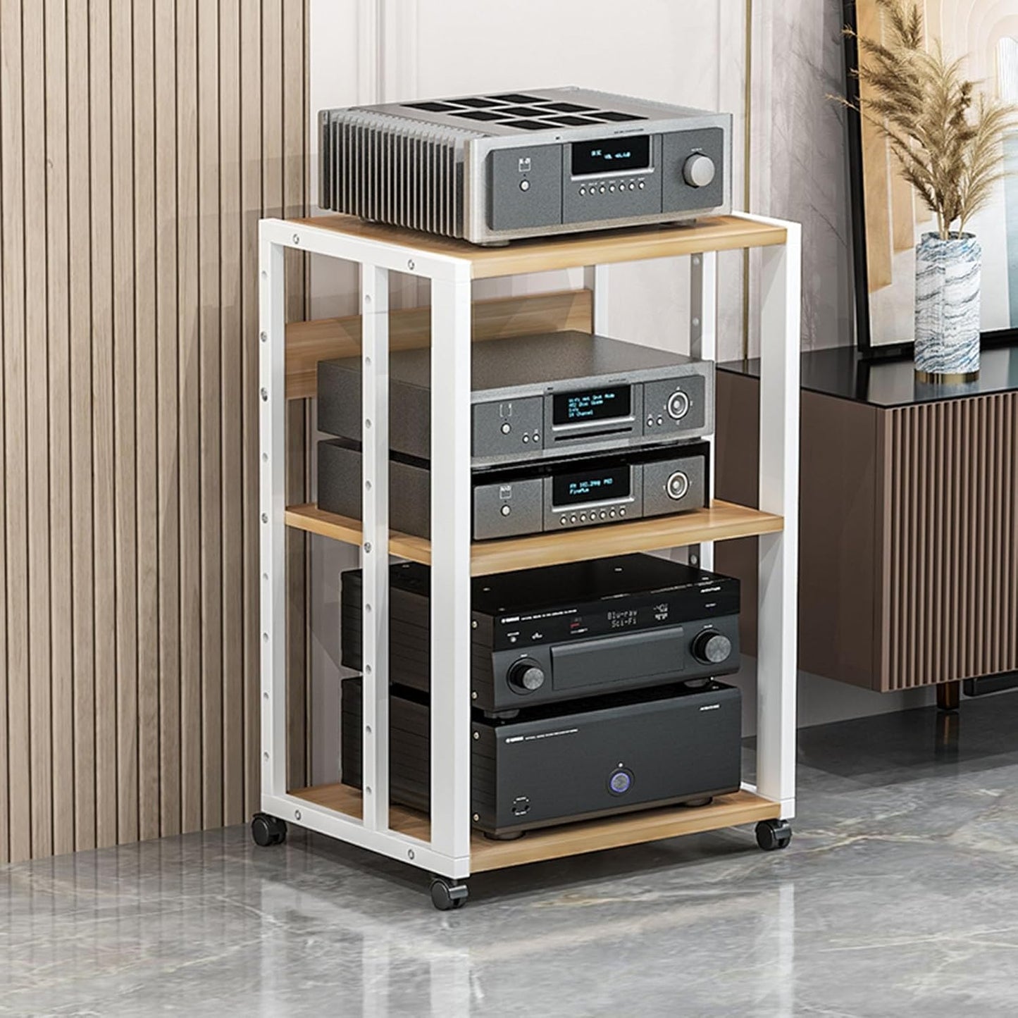 3-Tier Movable Media Stand Audio/Video Rack CD Player Stand Stereo Component Storage Cabinet with Height Adjustable Wooden Shelf for Home/Office/Theat(Black-One Size)