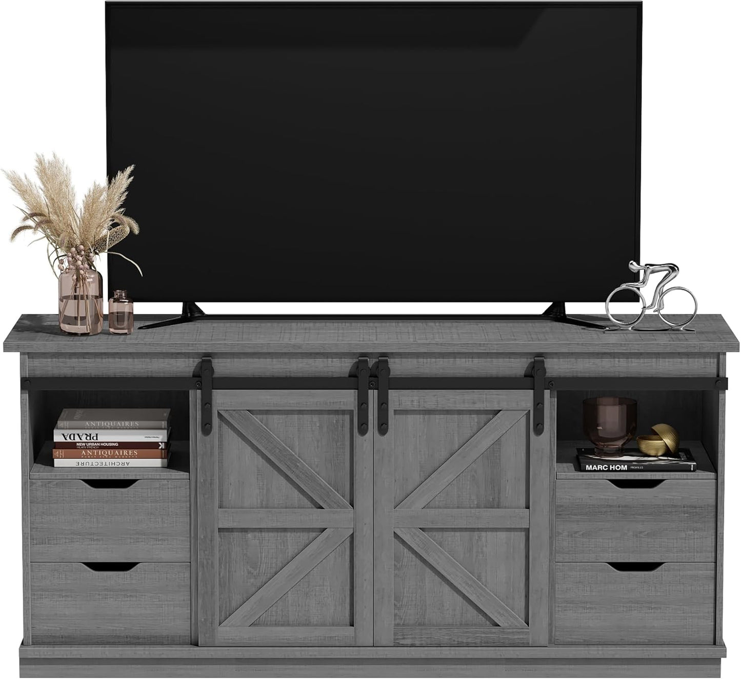 JUMMICO TV Stand with 4 Drawers for 65 Inch TV, Entertainment Center with Storage Cabinets and Sliding Barn Doors, Mid Century Modern Media TV Console Table for Living Room Bedroom (Bright White)
