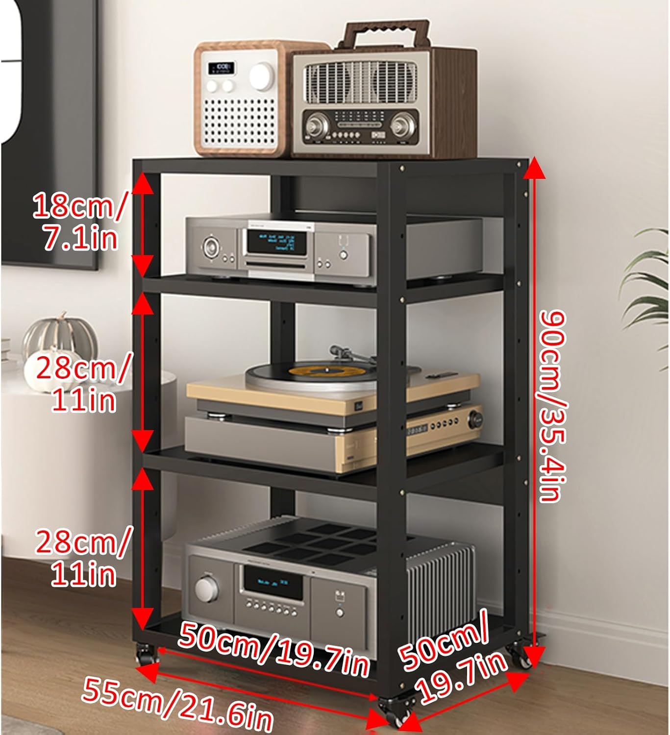 Stereo Stand Record Player Stand with Vinyl Storage Modern with Wheels Audio-Video Media Stand 5-Tier Shelves Audio Video Record Player Stand Cabinet Router DVD Shelf Corner TV Entertainment Center(55
