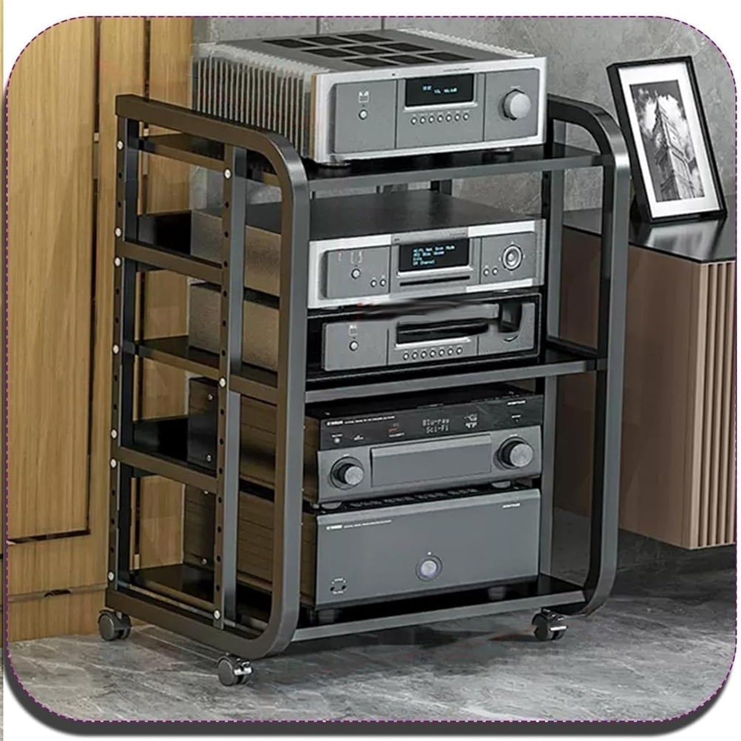 AV Media Stand,Media Stand, AV Media Stand Corner Shelf Media Storage Cabinet, Audio Video Player Stand Cabinet Stereo Audio Rack with Height Adjustable(Black+Teak,3 Tier-high 69cm)