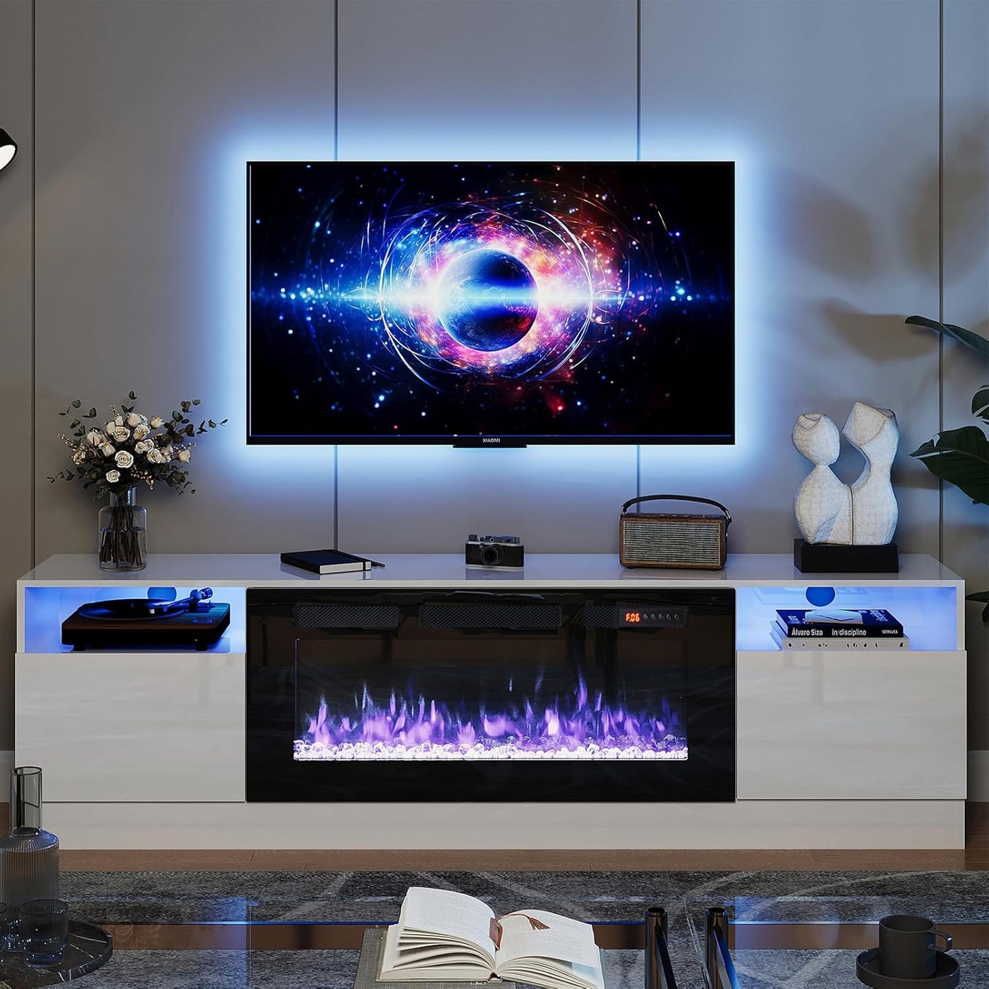 oneinmil Fireplace TV Stand with 36" Electric Fireplace, LED Light Entertainment Center, Modern Wood Texture Entertainment Stand with Highlight Storage Cabinet for TVs Up to 80", 70 inches, Black