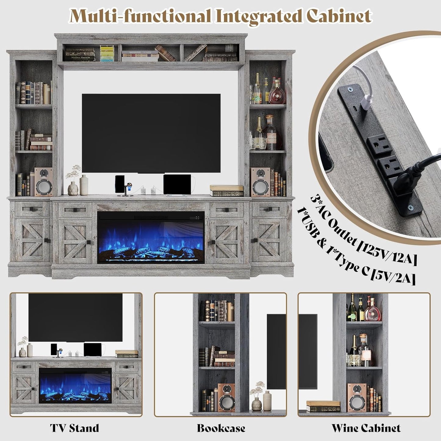 AMERLIFE 98in Farmhouse Entertainment Center with 36" Fireplace, TV Stand, Bookshelves, Wine Cabinet, Fits 75" TVs, Large Wall Unit Media Console with Power Outlets & Barn Doors, Living Room, Grey