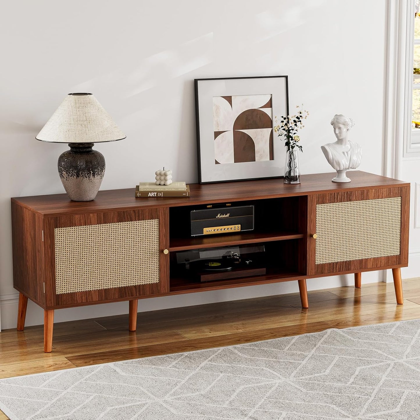 TV Stand for TVs up to 65'', Entertainment Center with Rattan Door, Shelves & 2 Cabinets, Boho Media TV Console for Living Room, Bedroom, Black