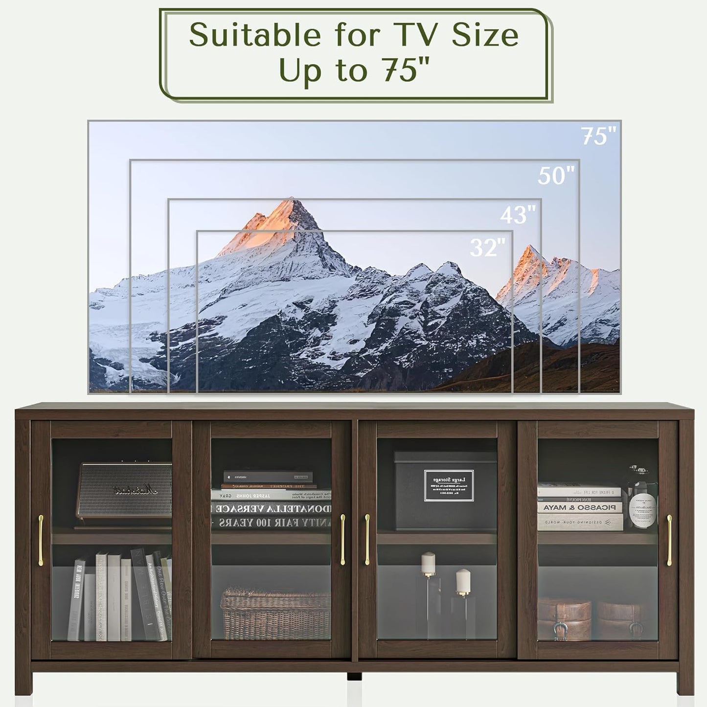 Dowinx 70" Modern TV Stand for TVs up to 75 inch with Storage, Glass Cabinet Door Entertainment Center, Tv Console for Living Room Bedroom, Deep Brown