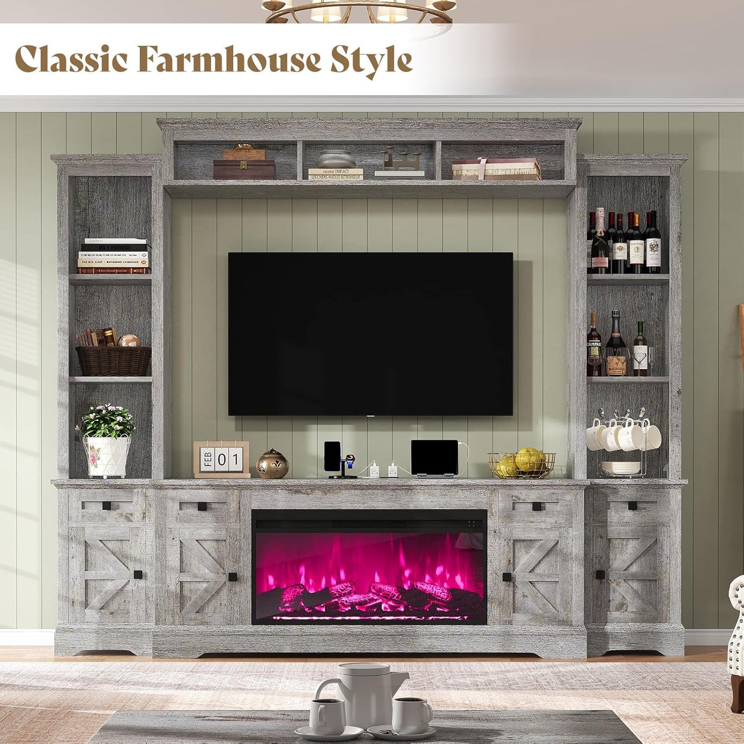 AMERLIFE 98in Farmhouse Entertainment Center with 36" Fireplace, TV Stand, Bookshelves, Wine Cabinet, Fits 75" TVs, Large Wall Unit Media Console with Power Outlets & Barn Doors, Living Room, Grey