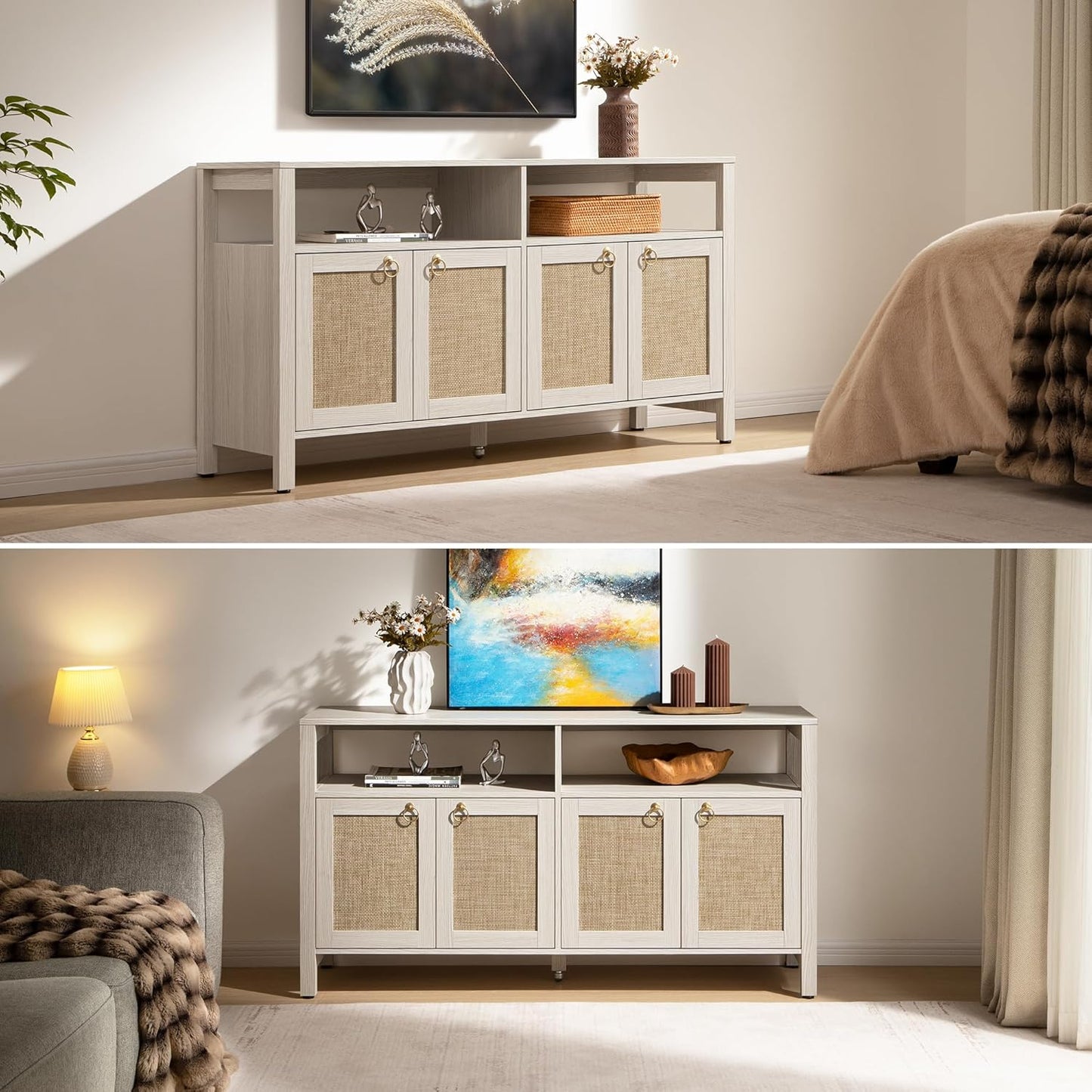 SICOTAS Rattan TV Stand for Television up to 65 Inch - 29.5" Tall Entertainment Center with Storage and Open Shelves,Boho Credenza TV Console Cabinet with 4-Doors and Adjustable Shelf for Living Room