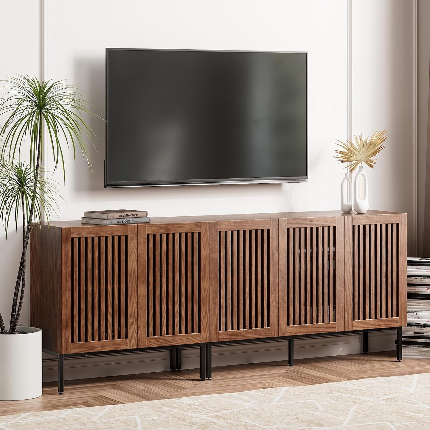Farmhouse TV Stand for TVs up to 100 inch, 2 in 1 Entertainment Center TV Console with Storage Cabinets and Metal Base,Brown Media Console for Living Room