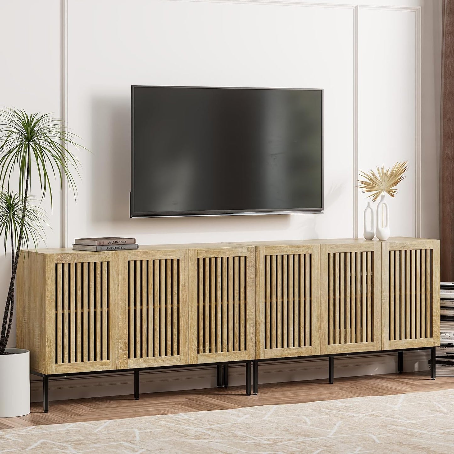 Farmhouse TV Stand for TVs up to 100 inch, 2 in 1 Entertainment Center TV Console with Storage Cabinets and Metal Base,Brown Media Console for Living Room