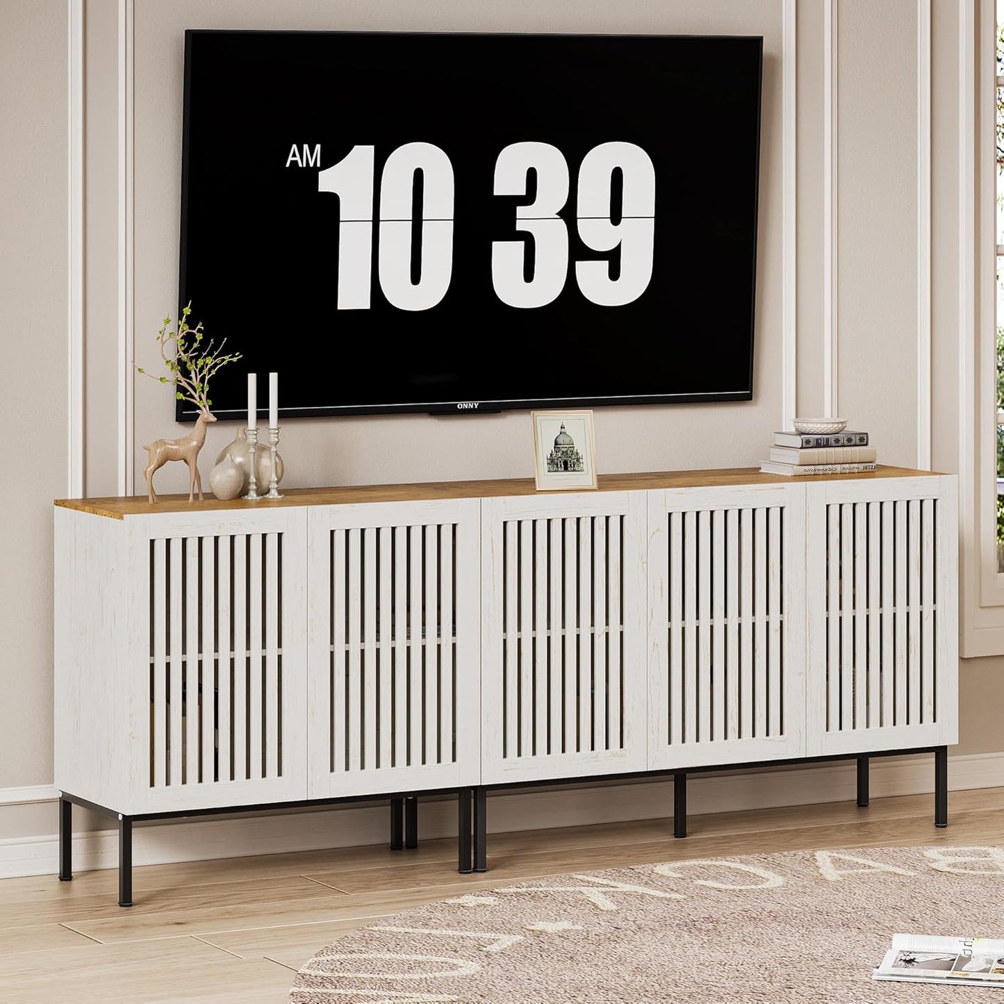 Farmhouse TV Stand for TVs up to 100 inch, 2 in 1 Entertainment Center TV Console with Storage Cabinets and Metal Base,Brown Media Console for Living Room