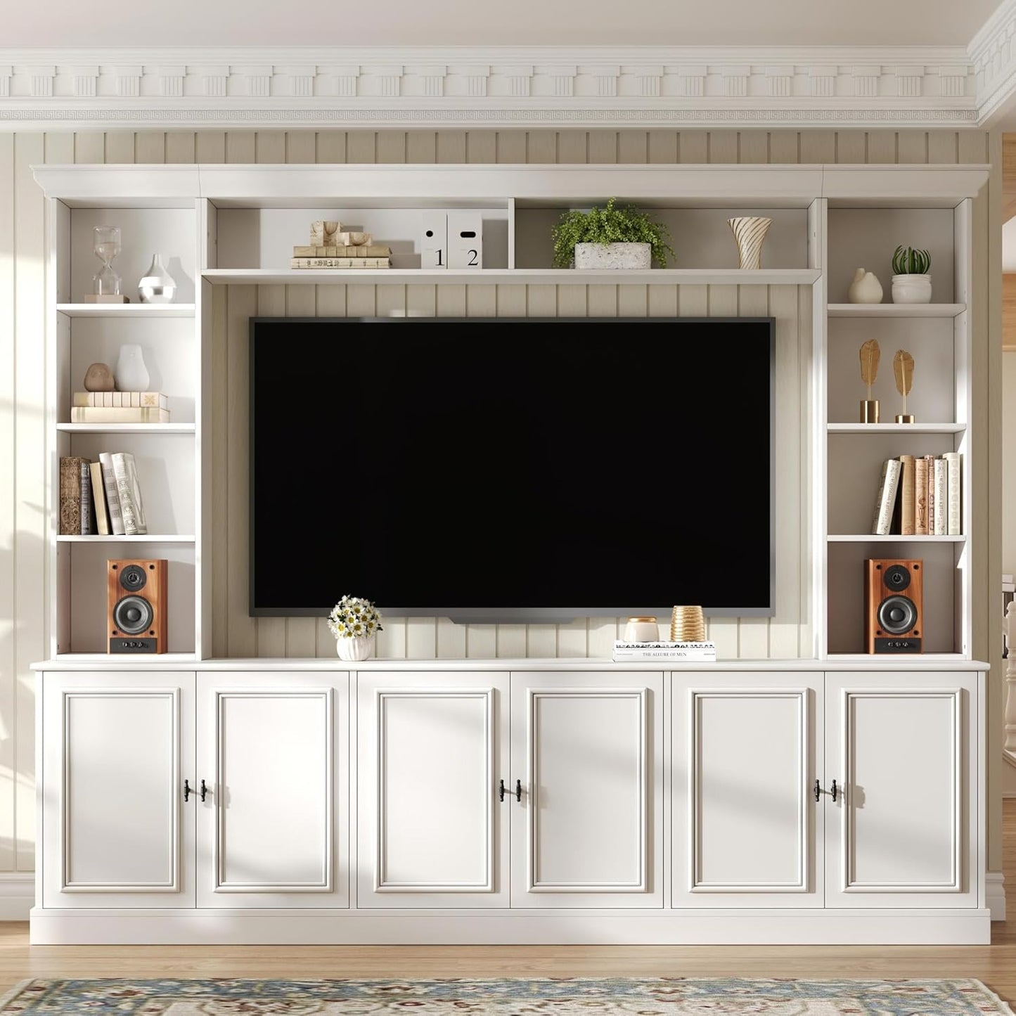 SOFTSEA 4-Piece Entertainment Center Wall Unit with Bookshelves for TVs up to 70", Modern TV Stand with 6 Doors & Adjustable Shelves, Large Media Center with Display Cabinet for Living Room, White