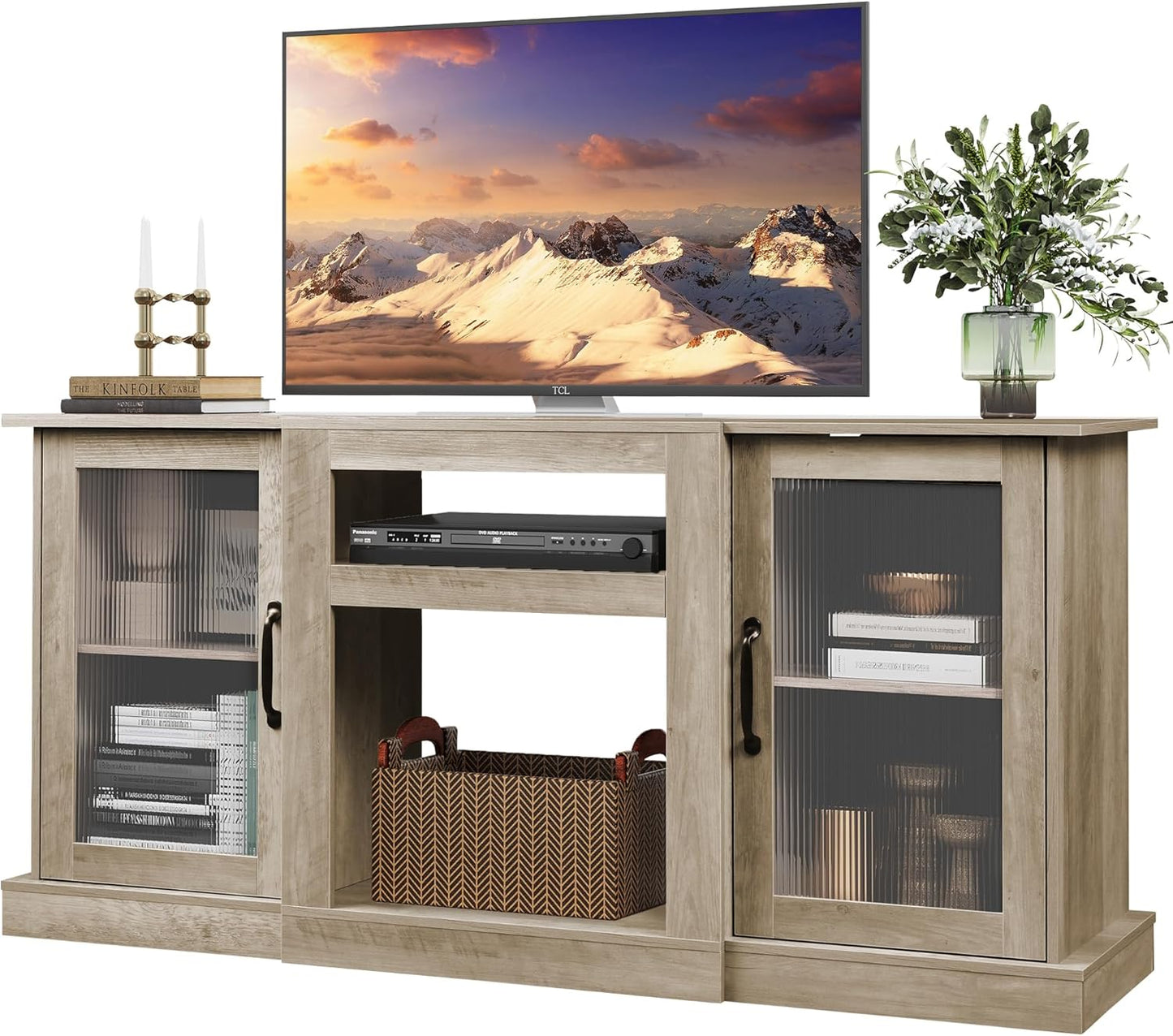 WLIVE Retro TV Stand for 65 inch TV, TV Console Cabinet with Storage, Open Shelves Entertainment Center for Living Room and Bedroom, Black