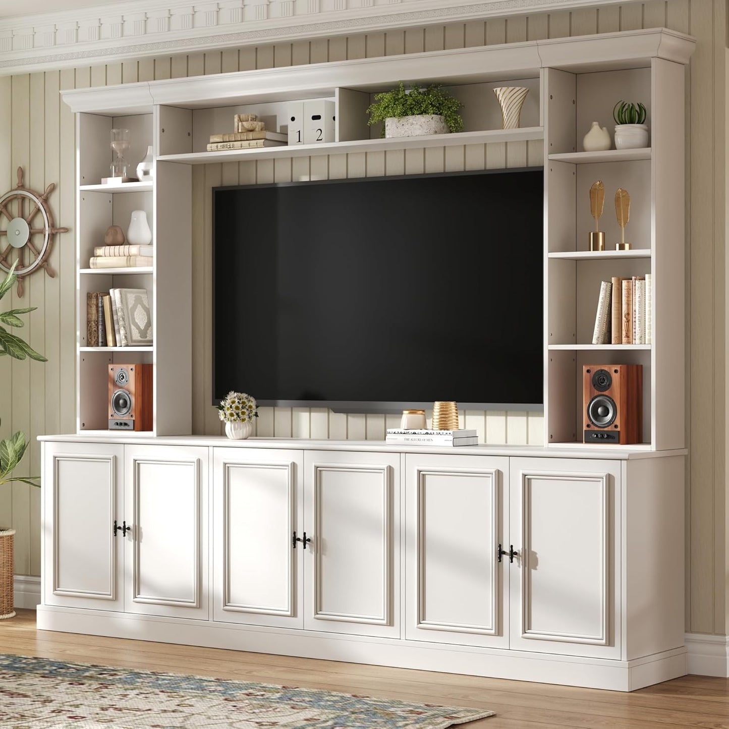 SOFTSEA 4-Piece Entertainment Center Wall Unit with Bookshelves for TVs up to 70", Modern TV Stand with 6 Doors & Adjustable Shelves, Large Media Center with Display Cabinet for Living Room, White