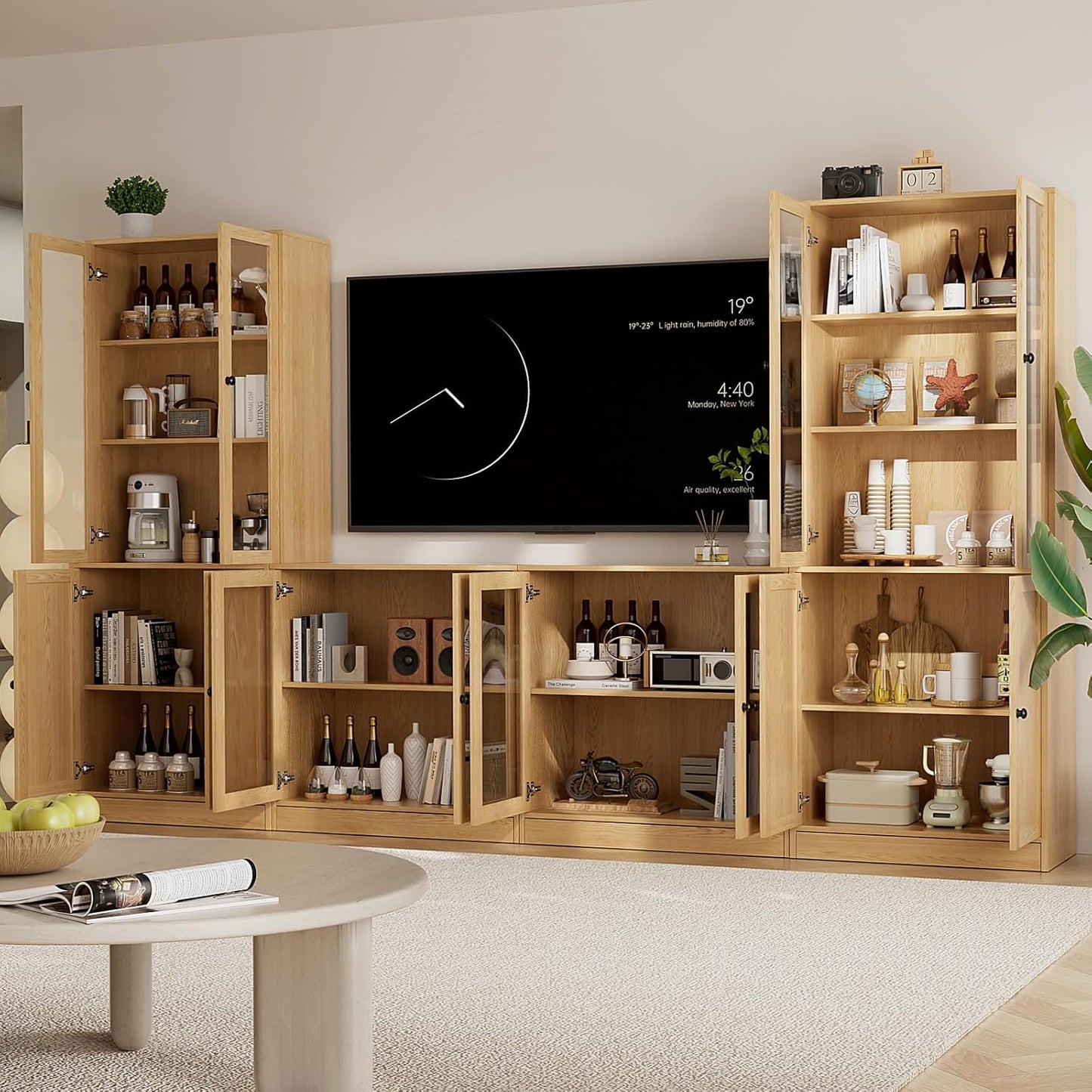 TUSY 4-Piece Large TV Stand with Bookshelves for TVs up to 75", TV Entertainment Center Media Center with Tempered Glass Doors and Shelves, TV Hutch for Living Room (Wood)