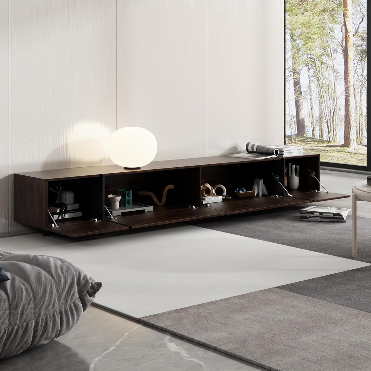AIEGLE 95.1" W TV Stand with 4 Flip-Down Drawers, Modern Entertainment Center with Storage, Media Console Table TV Cabinet, Dark Brown