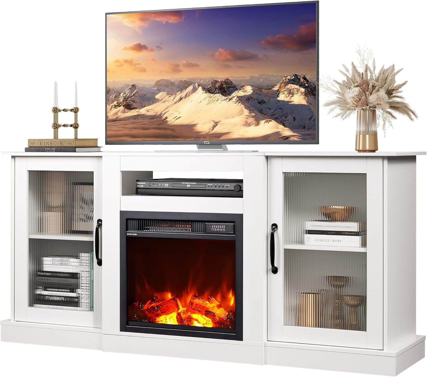 WLIVE Retro TV Stand for 65 inch TV, TV Console Cabinet with Storage, Open Shelves Entertainment Center for Living Room and Bedroom, Black