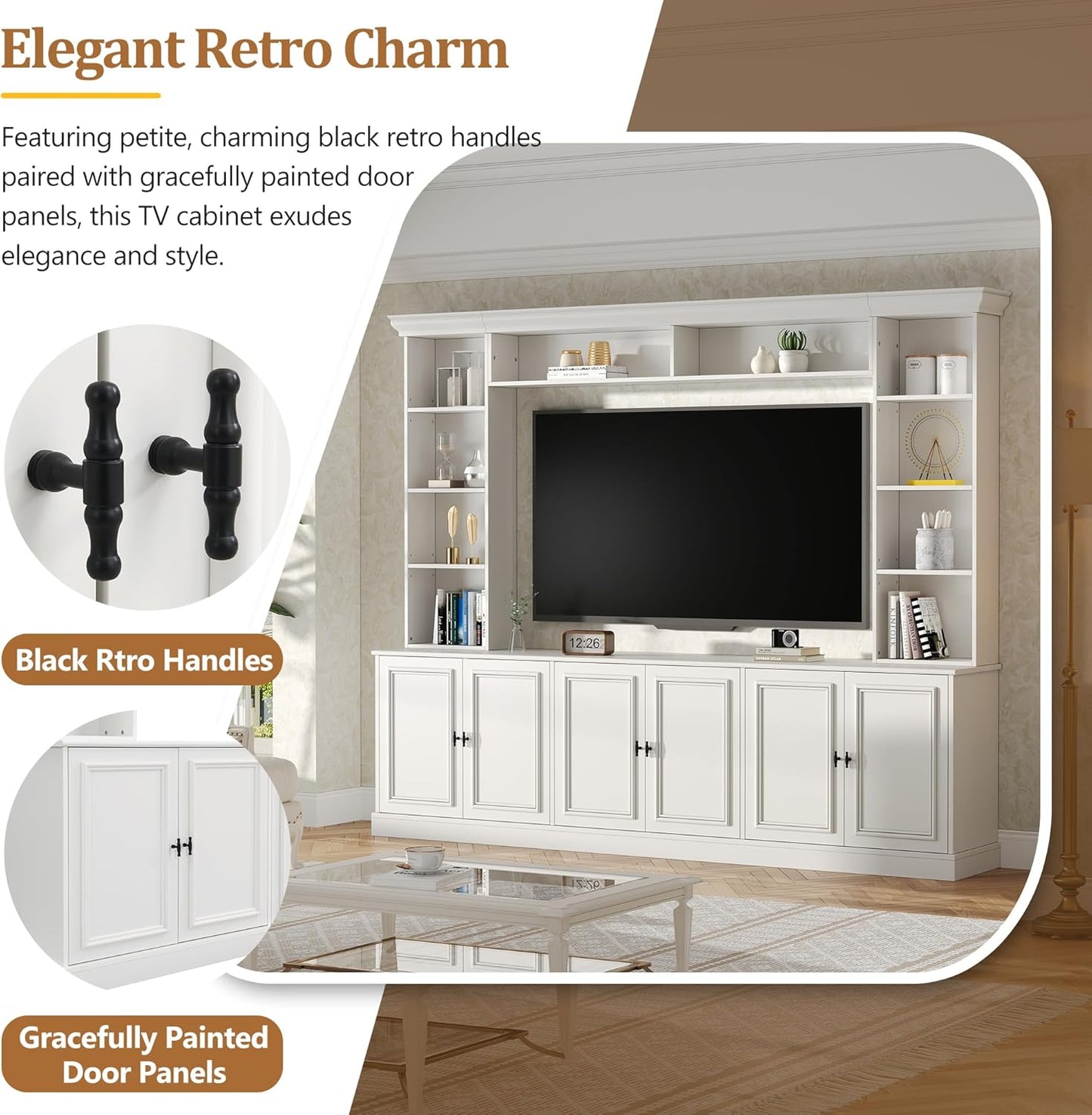 SOFTSEA 4-Piece Entertainment Center Wall Unit with Bookshelves for TVs up to 70", Modern TV Stand with 6 Doors & Adjustable Shelves, Large Media Center with Display Cabinet for Living Room, White
