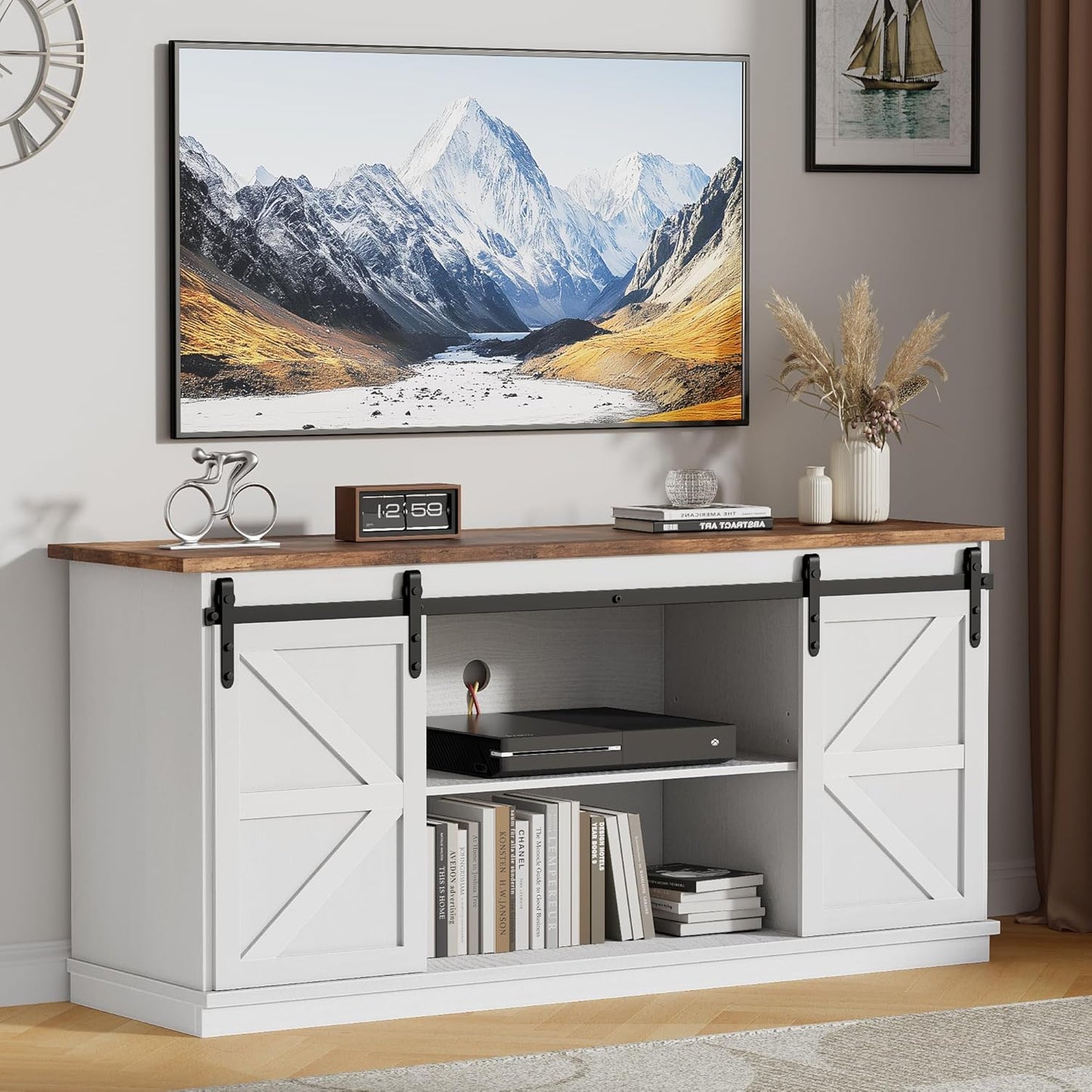 JUMMICO TV Stand with 4 Drawers for 65 Inch TV, Entertainment Center with Storage Cabinets and Sliding Barn Doors, Mid Century Modern Media TV Console Table for Living Room Bedroom (Bright White)