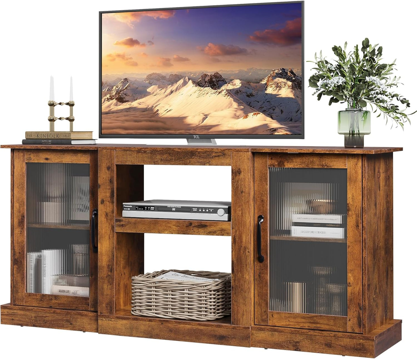 WLIVE Retro TV Stand for 65 inch TV, TV Console Cabinet with Storage, Open Shelves Entertainment Center for Living Room and Bedroom, Black