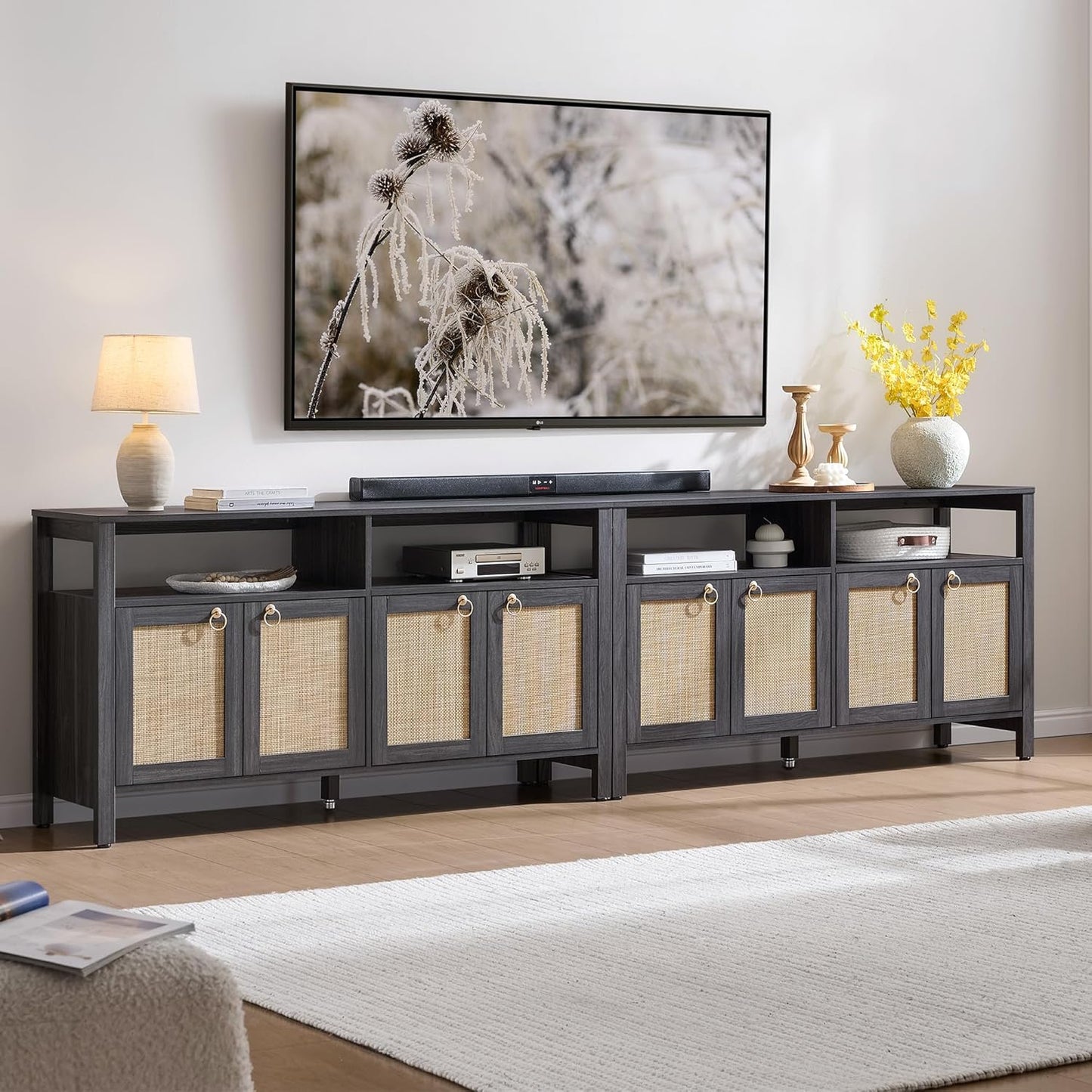 SICOTAS Rattan TV Stand for Television up to 65 Inch - 29.5" Tall Entertainment Center with Storage and Open Shelves,Boho Credenza TV Console Cabinet with 4-Doors and Adjustable Shelf for Living Room