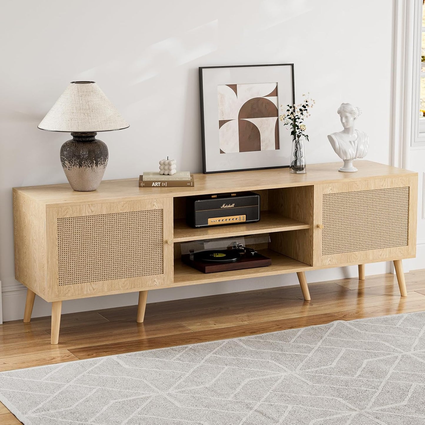 TV Stand for TVs up to 65'', Entertainment Center with Rattan Door, Shelves & 2 Cabinets, Boho Media TV Console for Living Room, Bedroom, Black