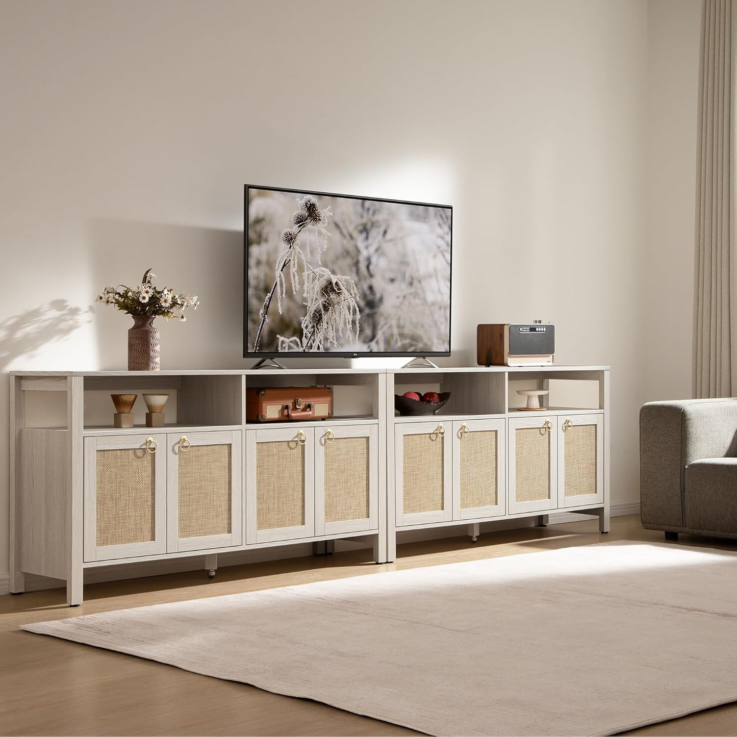 SICOTAS Rattan TV Stand for Television up to 65 Inch - 29.5" Tall Entertainment Center with Storage and Open Shelves,Boho Credenza TV Console Cabinet with 4-Doors and Adjustable Shelf for Living Room