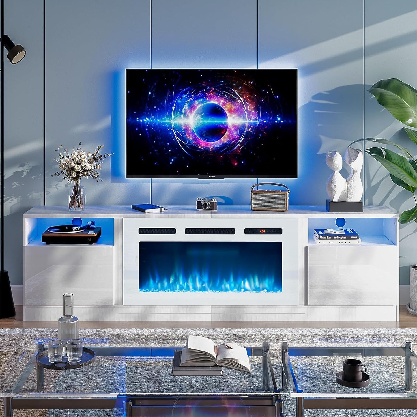 oneinmil Fireplace TV Stand with 36" Electric Fireplace, LED Light Entertainment Center, Modern Wood Texture Entertainment Stand with Highlight Storage Cabinet for TVs Up to 80", 70 inches, Black