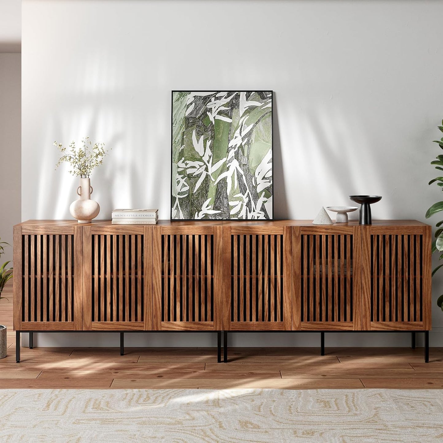 Farmhouse TV Stand for TVs up to 100 inch, 2 in 1 Entertainment Center TV Console with Storage Cabinets and Metal Base,Brown Media Console for Living Room