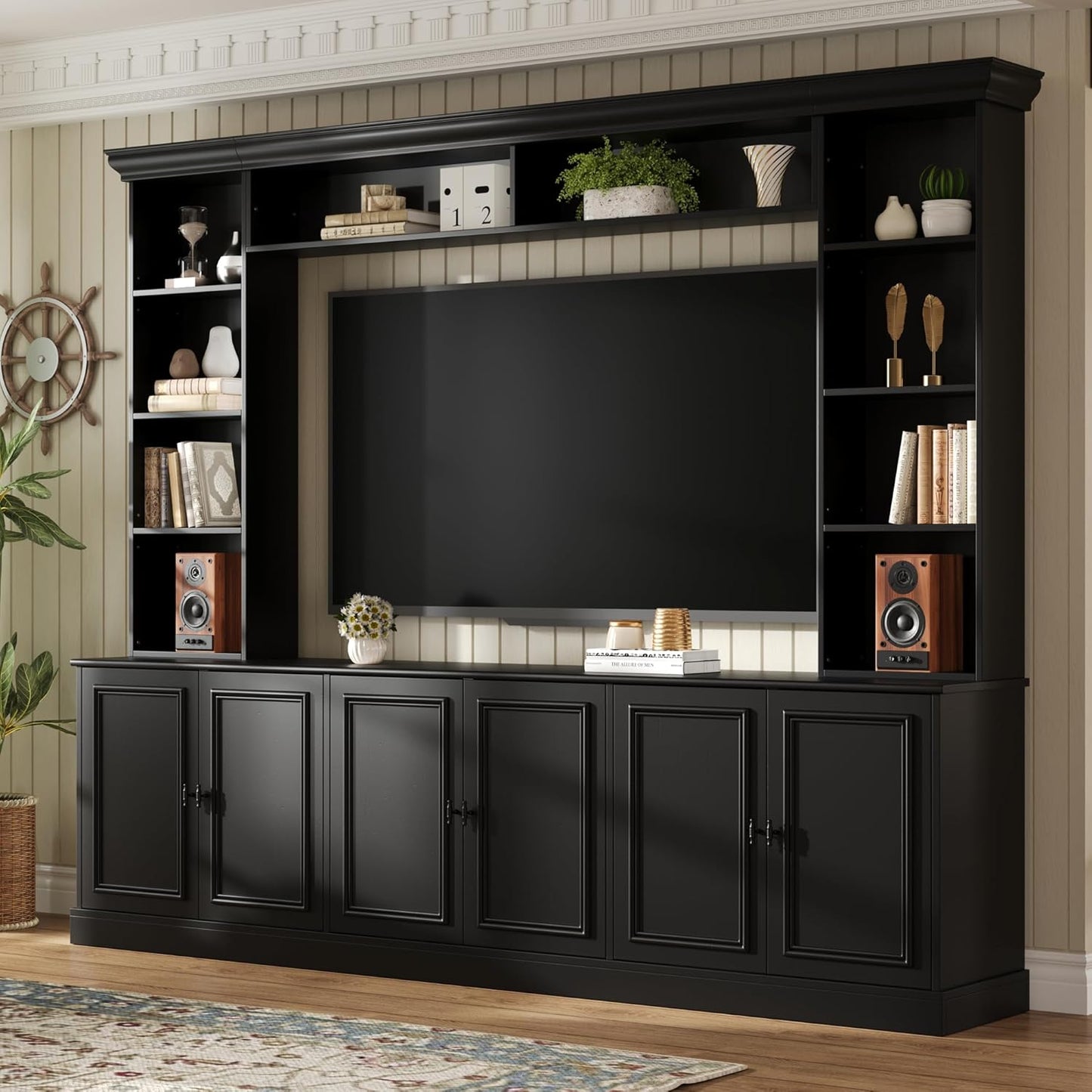 SOFTSEA 4-Piece Entertainment Center Wall Unit with Bookshelves for TVs up to 70", Modern TV Stand with 6 Doors & Adjustable Shelves, Large Media Center with Display Cabinet for Living Room, White