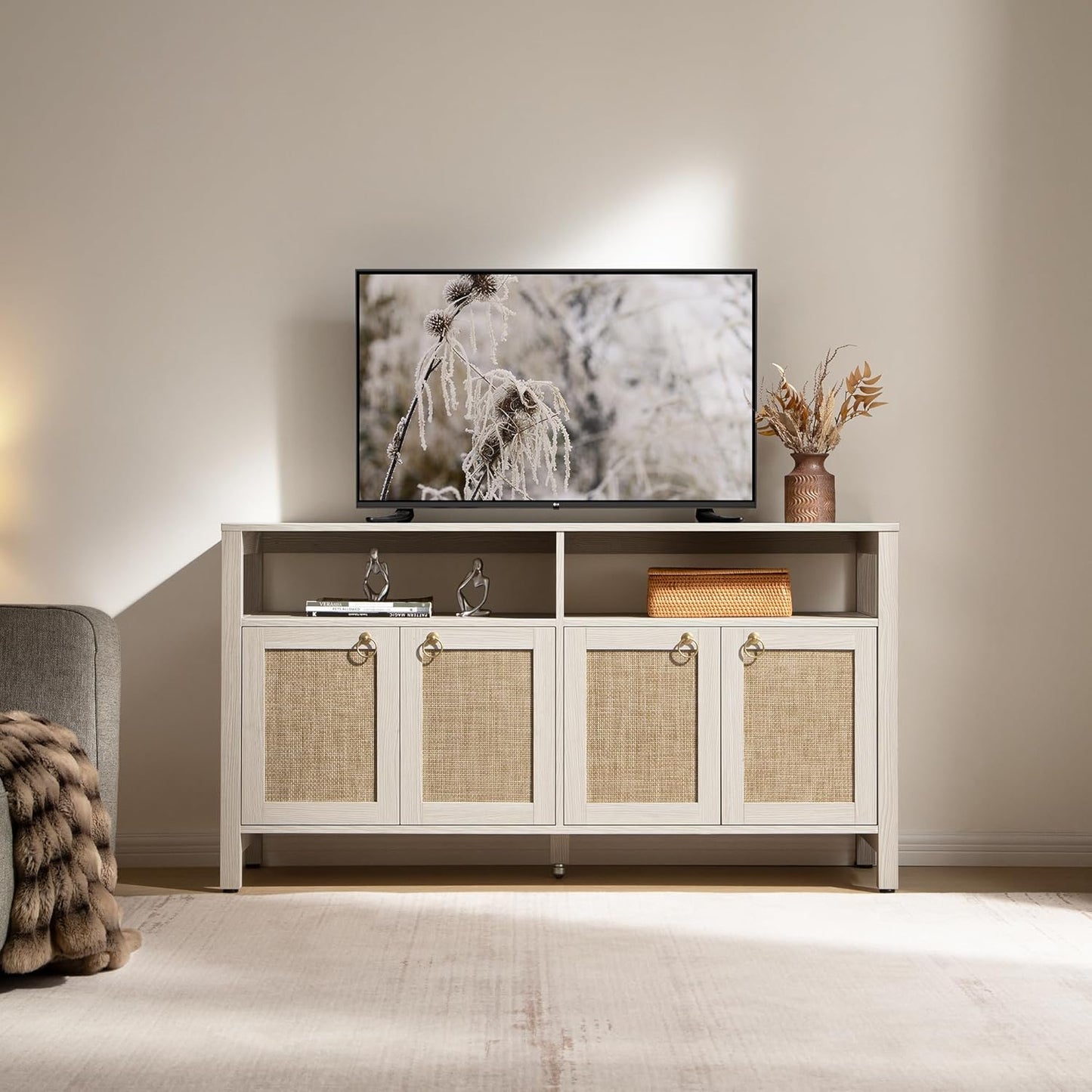 SICOTAS Rattan TV Stand for Television up to 65 Inch - 29.5" Tall Entertainment Center with Storage and Open Shelves,Boho Credenza TV Console Cabinet with 4-Doors and Adjustable Shelf for Living Room